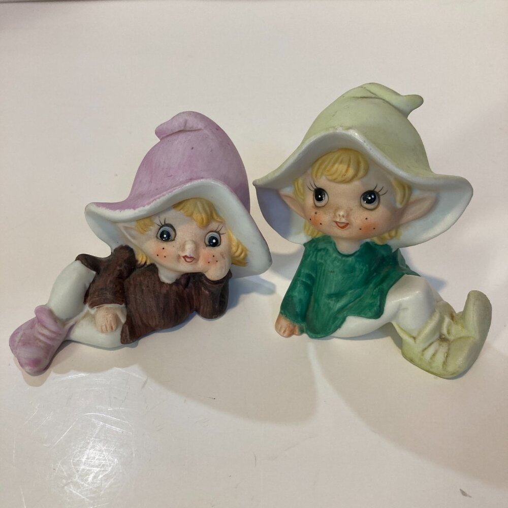 Homco Vintage Pixie Elves Elf Set of 2 Fairy Girls Figurine Taiwan Garden